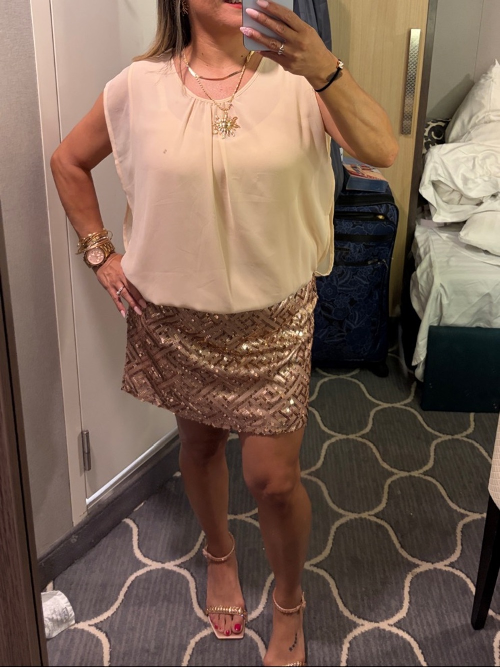 Sequined Rose Gold Mini dress with Cream Sleeveless top